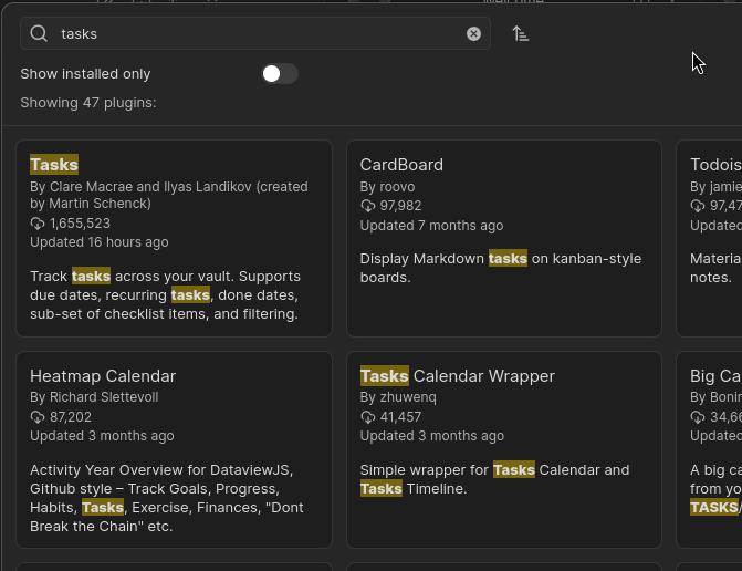 Browsing Obsidian community plugins for the Tasks plugin