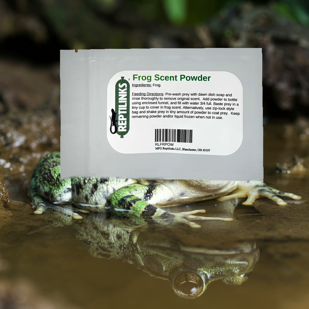 Picture of Reptilinks frog powder and a frog, created by author